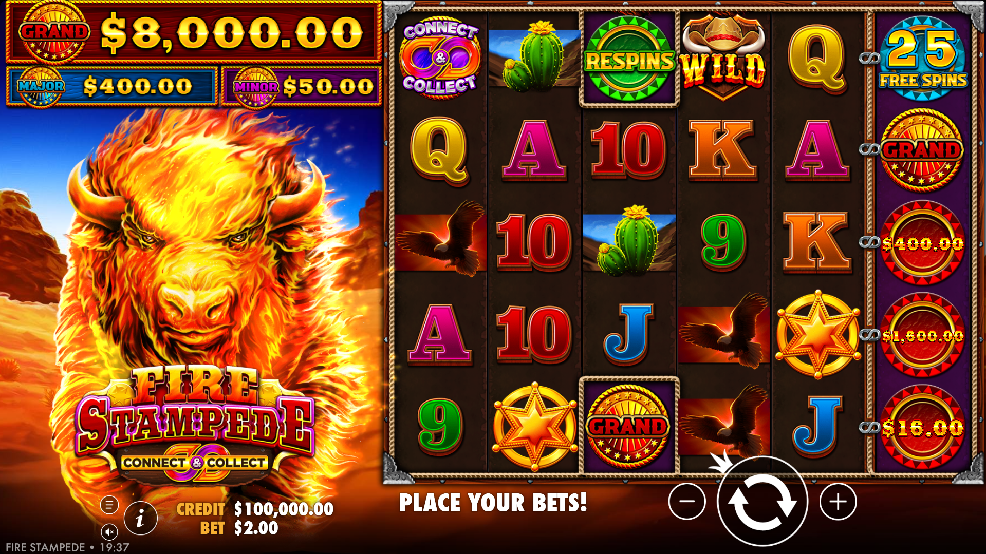 Fire Stampede — bisonte in fiamme, jackpot Grand $8,000.00, Major $400.00, Minor $50.00